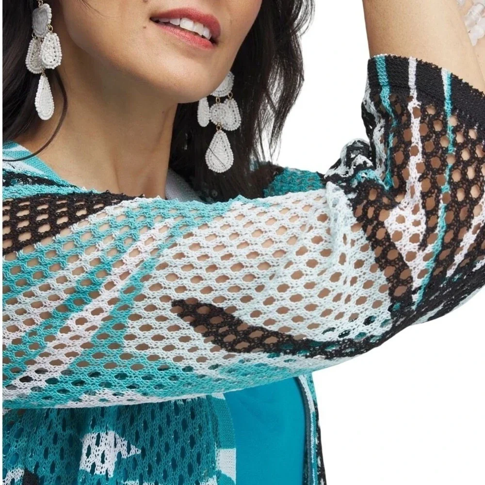 Chicos Palms‎ Mesh Cardigan Sweater Women's Large Teal Tropical Resortwear Boho - Picture 3 of 14